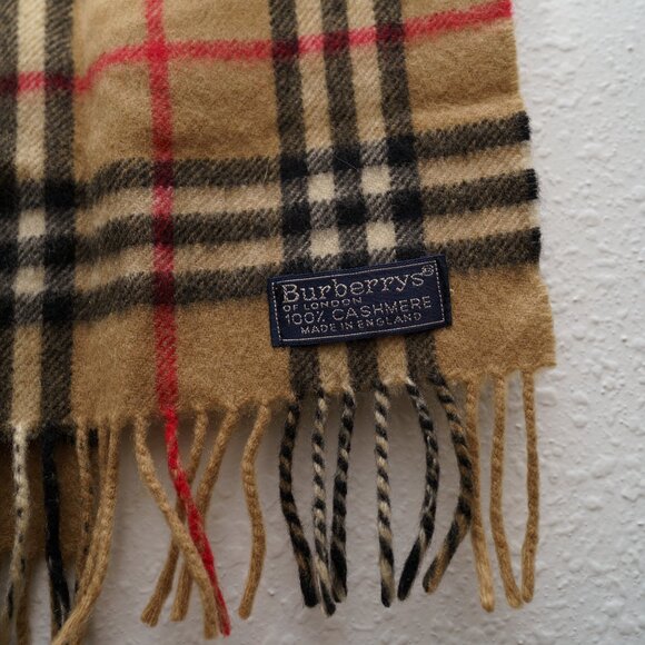 Authentic Burberry Classic Check Cashmere Fringe Scarf OS Tan/Black/Red - Picture 6 of 10